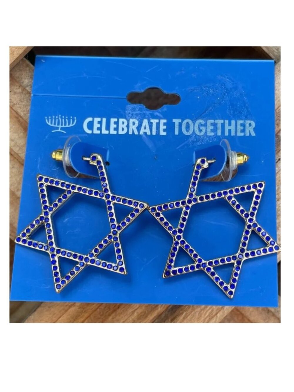 Gold Tone Star of David Earrings Hanukkah Blue Stone Post Back